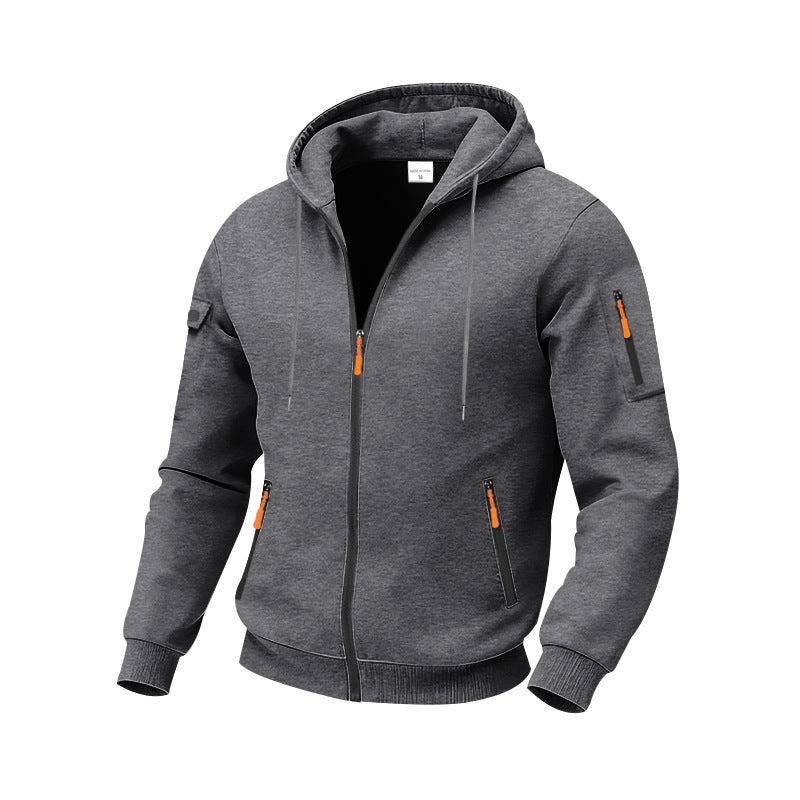 Durable men's hooded sweatshirt with zip pockets, suitable for active comfort, workouts & fashion.