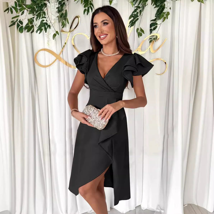 Women's elegant flutter sleeve cocktail dress. Versatile wrap style for special occasions & formal wear.