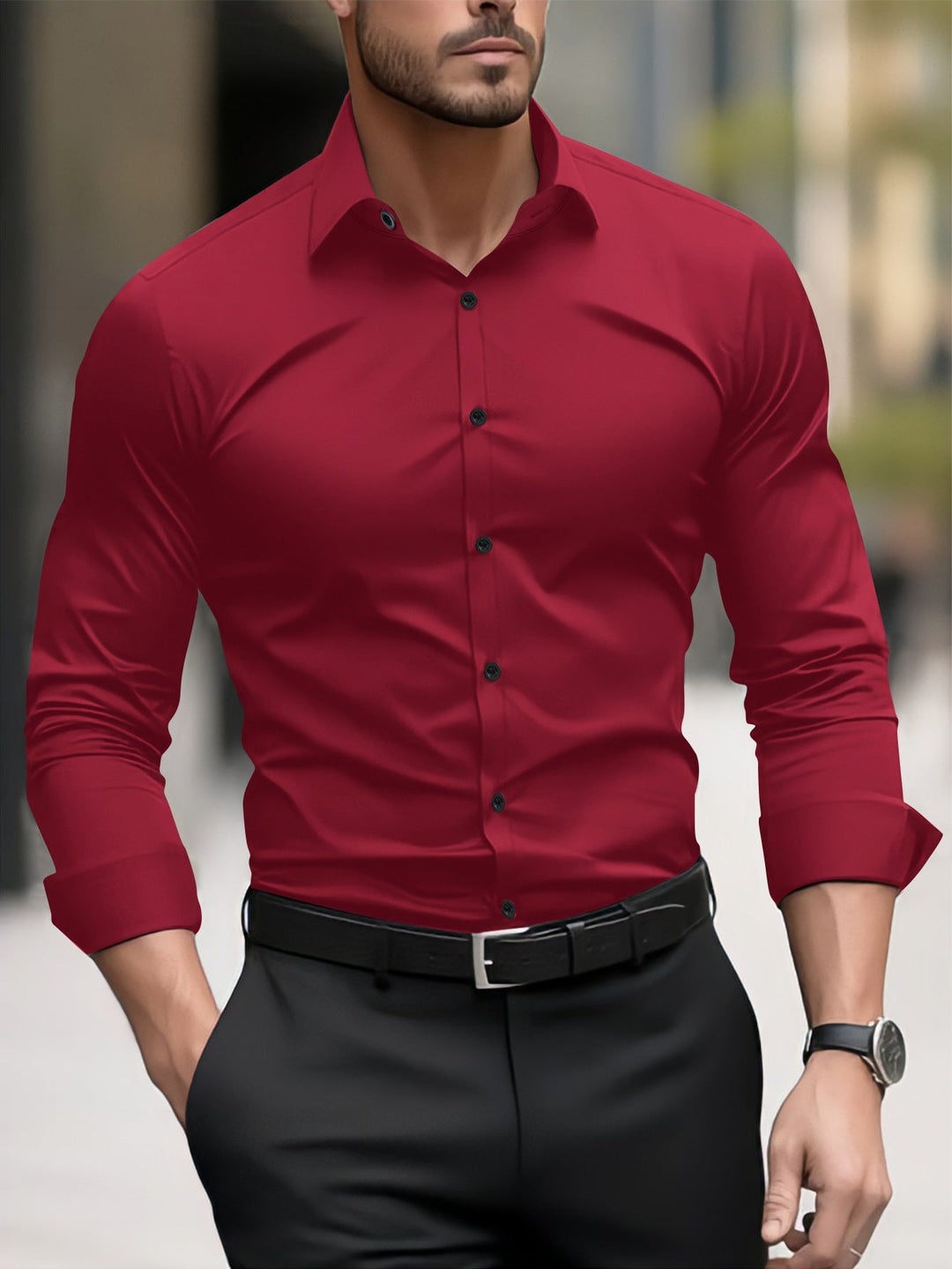 Men's slim-fit long sleeve shirt with a modern cut, perfect for contemporary style and men's fashion.