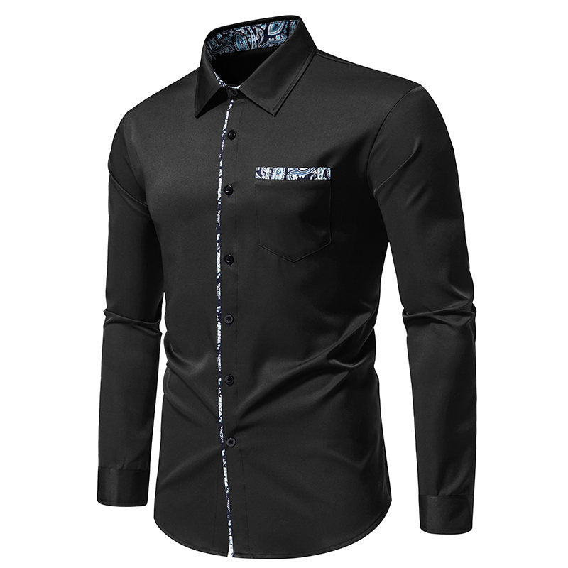 Elegant men's long sleeve shirt featuring a distinctive paisley patterned collar and cuffs for sophisticated menswear.