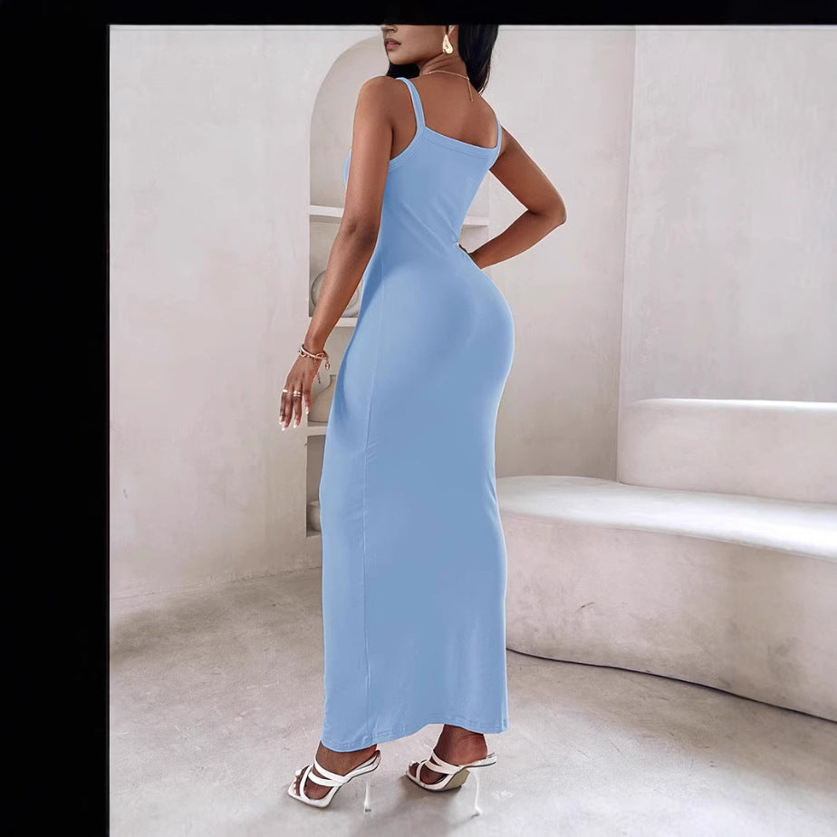 Versatile women's elegant maxi dress with slim straps, a comfortable figure-flattering evening gown.