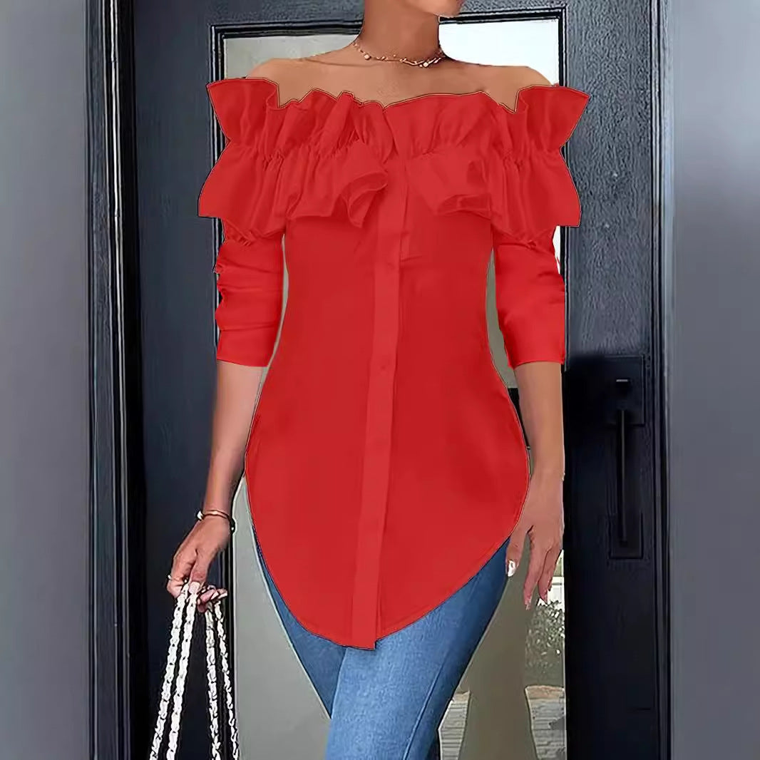 Feminine elegant women's off-shoulder ruffle top, a versatile blouse for stylish summer fashion & casual wear.