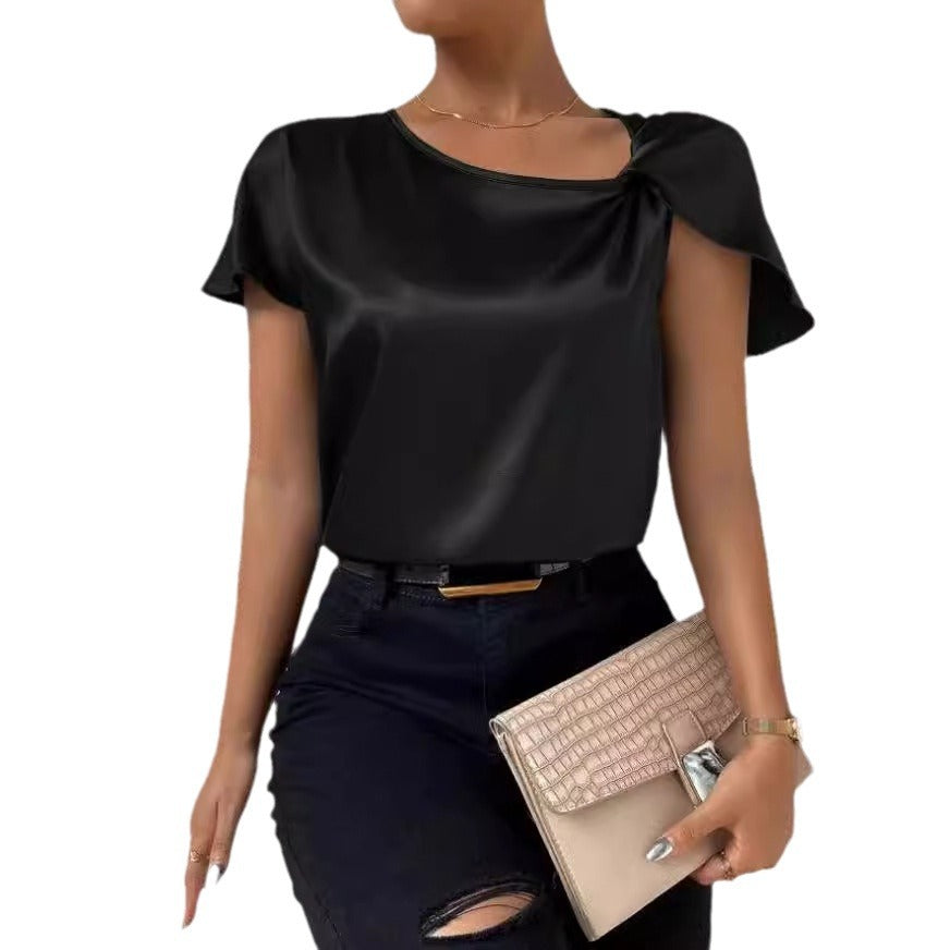 Women's fashion solid t-shirt top with a chic twist, round neck, and comfortable short sleeves.