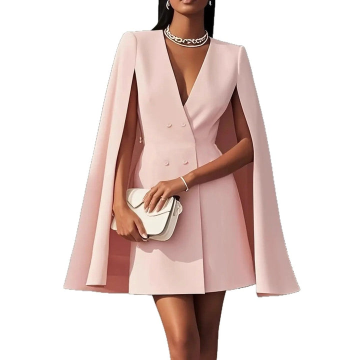 Black women's elegant cape blazer dress, a chic choice for formal occasions, business, or parties.