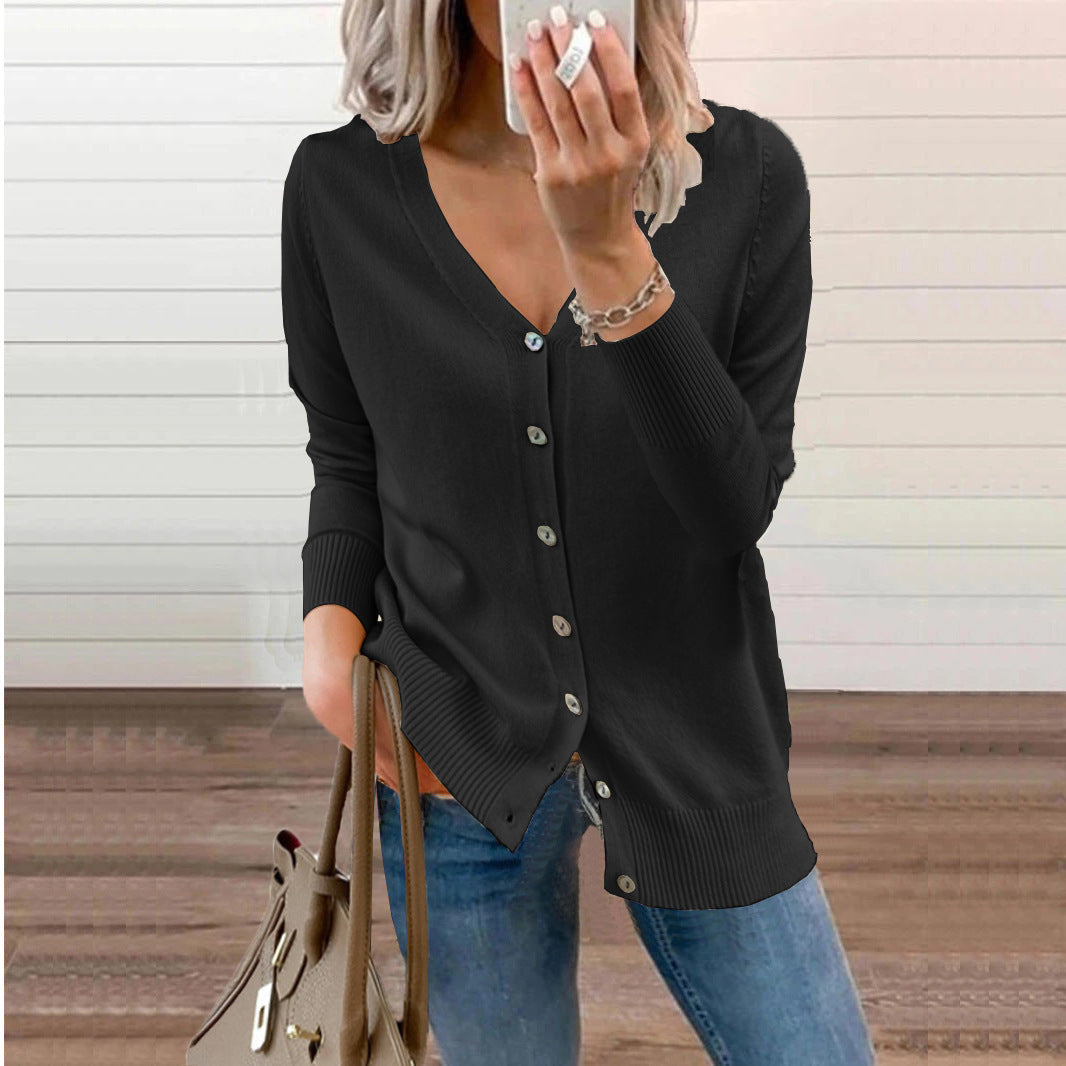 Warm women's V-neck button knit cardigan, an essential fall/winter layer for cozy comfort.