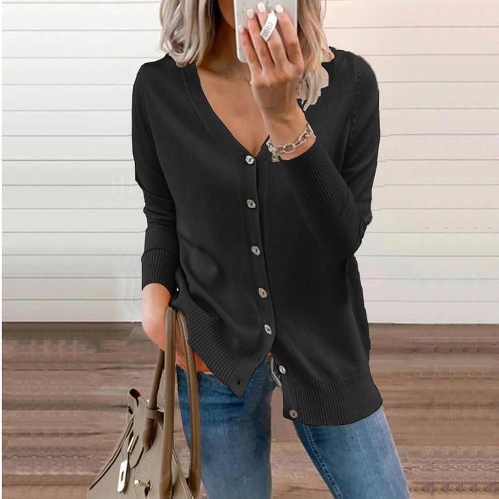Warm women's V-neck button knit cardigan, an essential fall/winter layer for cozy comfort.