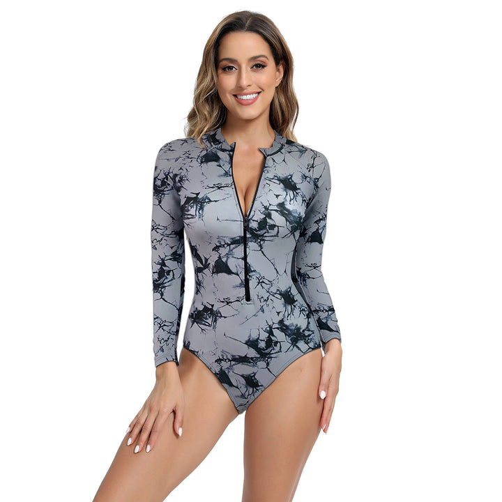 Comfortable women's long sleeve zip-up swimsuit, excellent for sun protection and water activities.