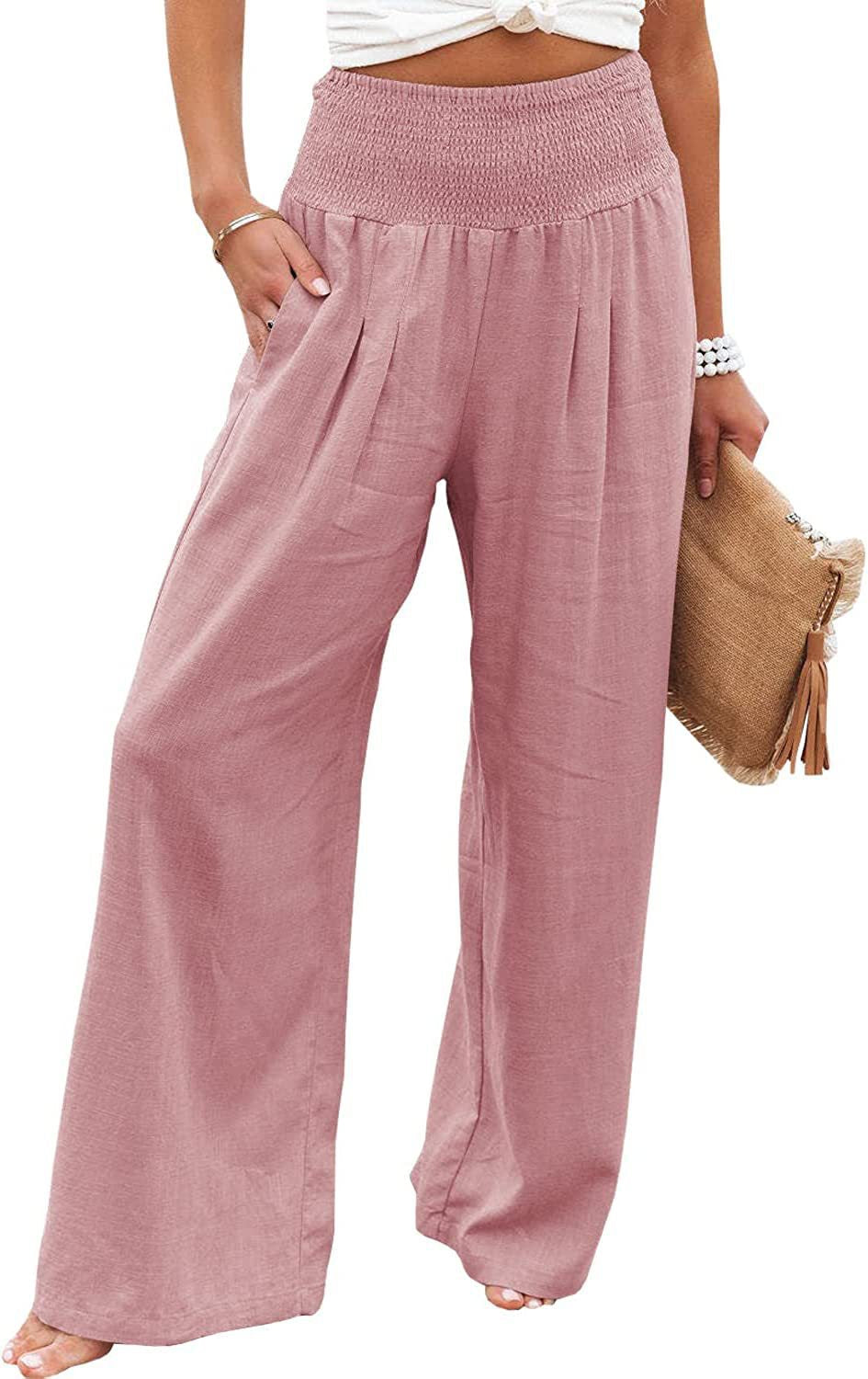 Stylish women's wide leg trousers, elastic waist, comfy and relaxed, perfect for beach holidays.