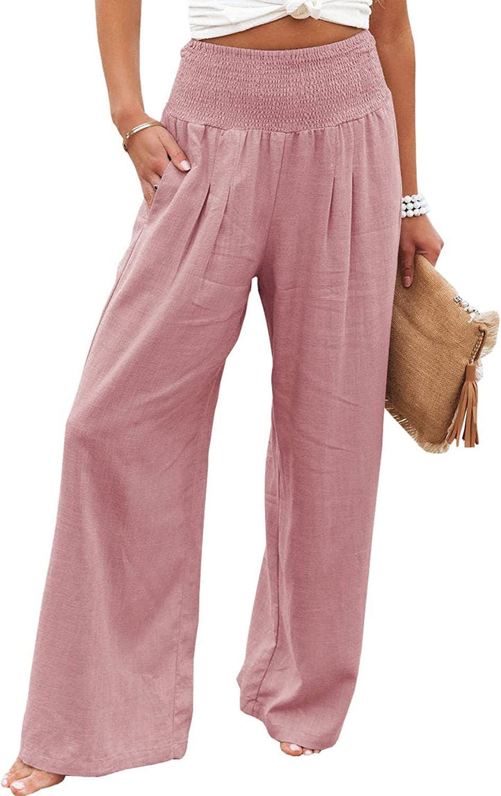 Stylish women's wide leg trousers, elastic waist, comfy and relaxed, perfect for beach holidays.