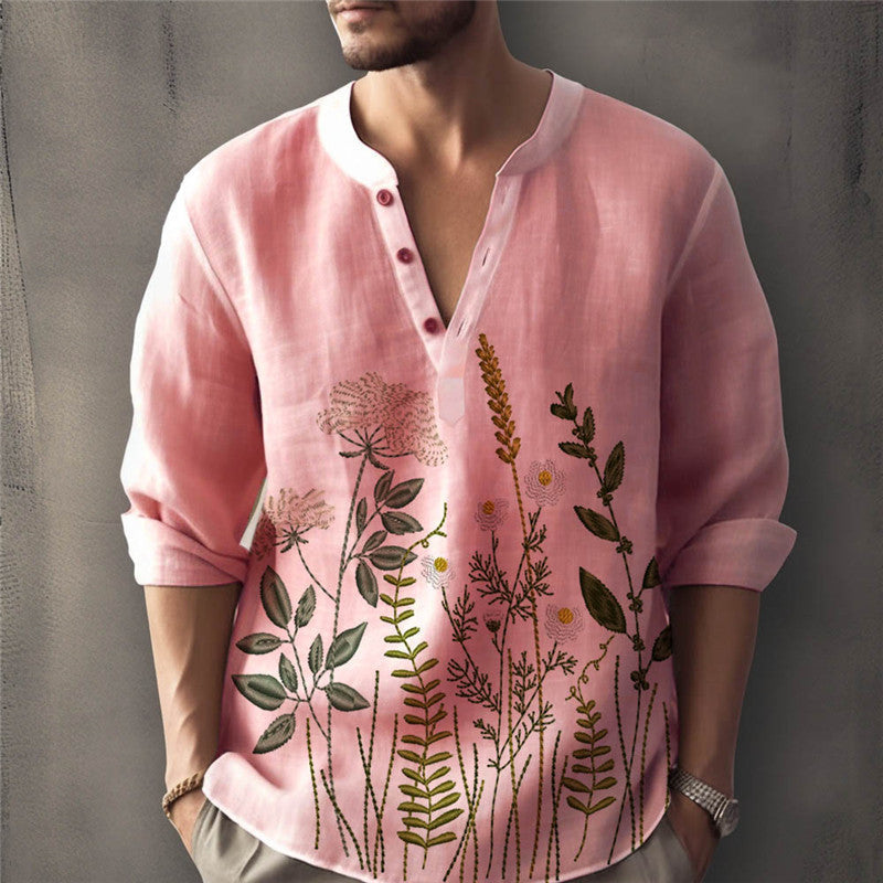 Men's unique design floral embroidered button-down shirt for a stylish spring and summer casual look.