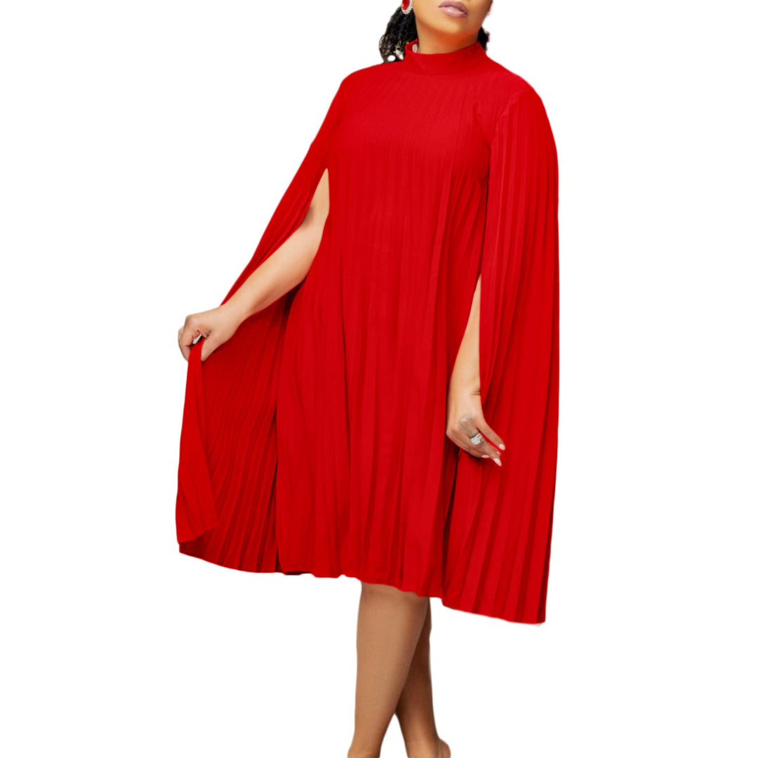 Sophisticated women's high collar long sleeve pleated cape dress in black. Ideal wedding guest & occasion wear.