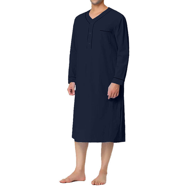 Men's cotton blend nightgown with button placket and chest pocket. Soft, comfortable sleepwear and loungewear.