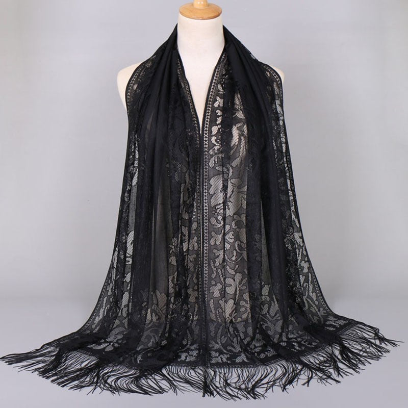 Lightweight women's floral lace scarf, fringed and elegant, perfect for a chic fashion statement.
