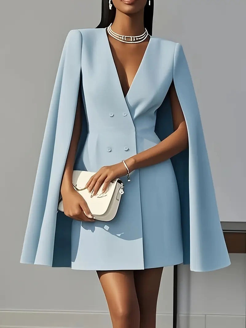 Sophisticated women's formal mini dress, featuring a unique cape blazer style. Elegant party wear.
