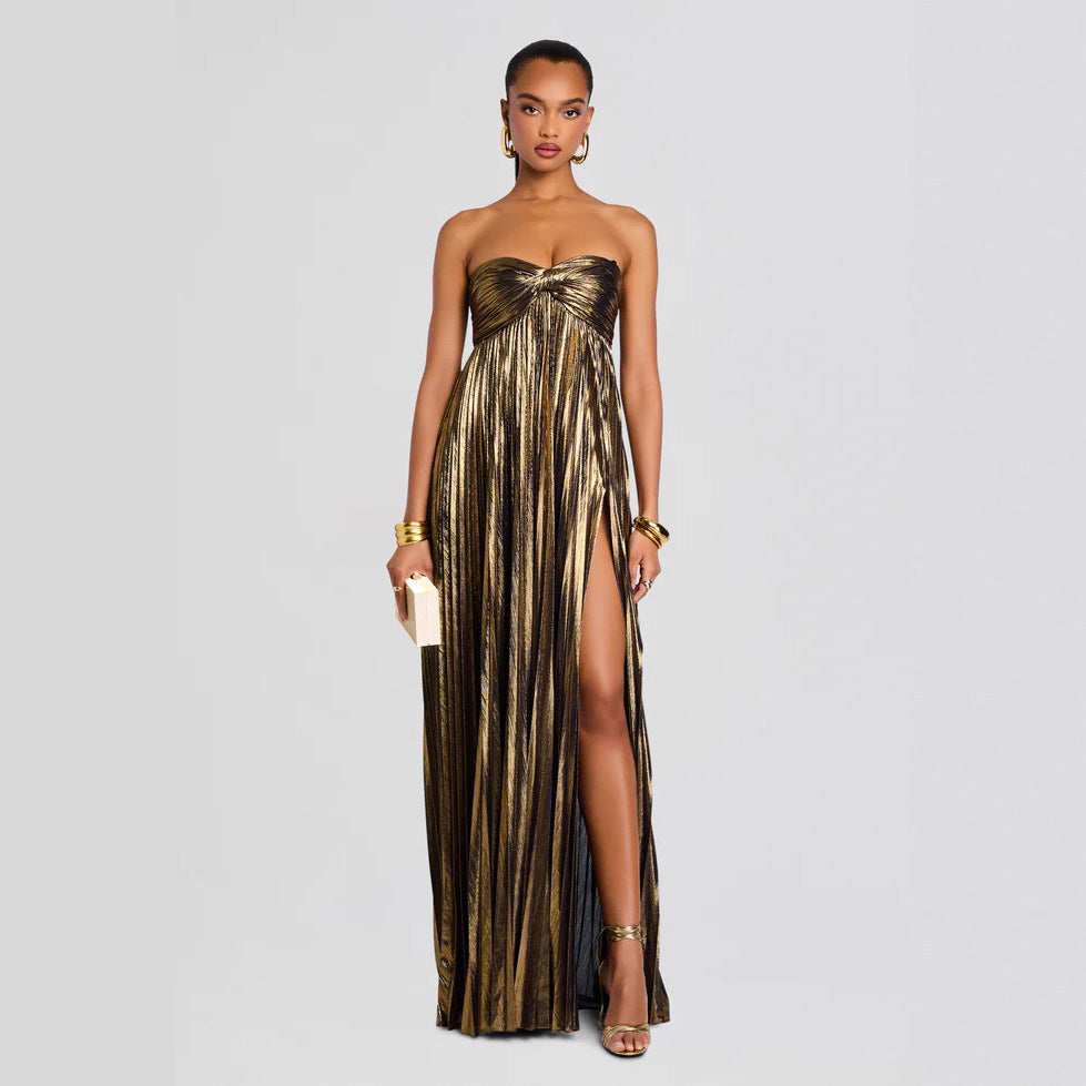 Glamorous women's off-shoulder evening dress, a long gown with an elegant slit for parties & special occasions.