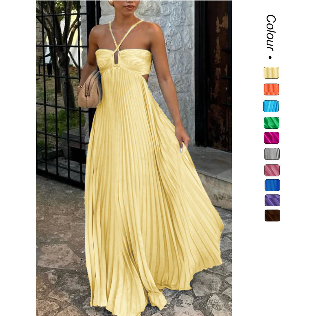 Elegant women's black off-shoulder pleated dress with delicate adjustable straps. Perfect for evening parties.