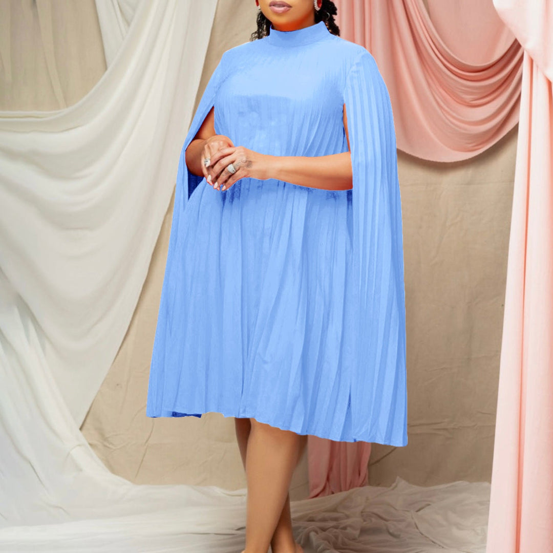 Chic women's high collar pleated cape dress with long sleeves. Sophisticated black formal gown for parties.