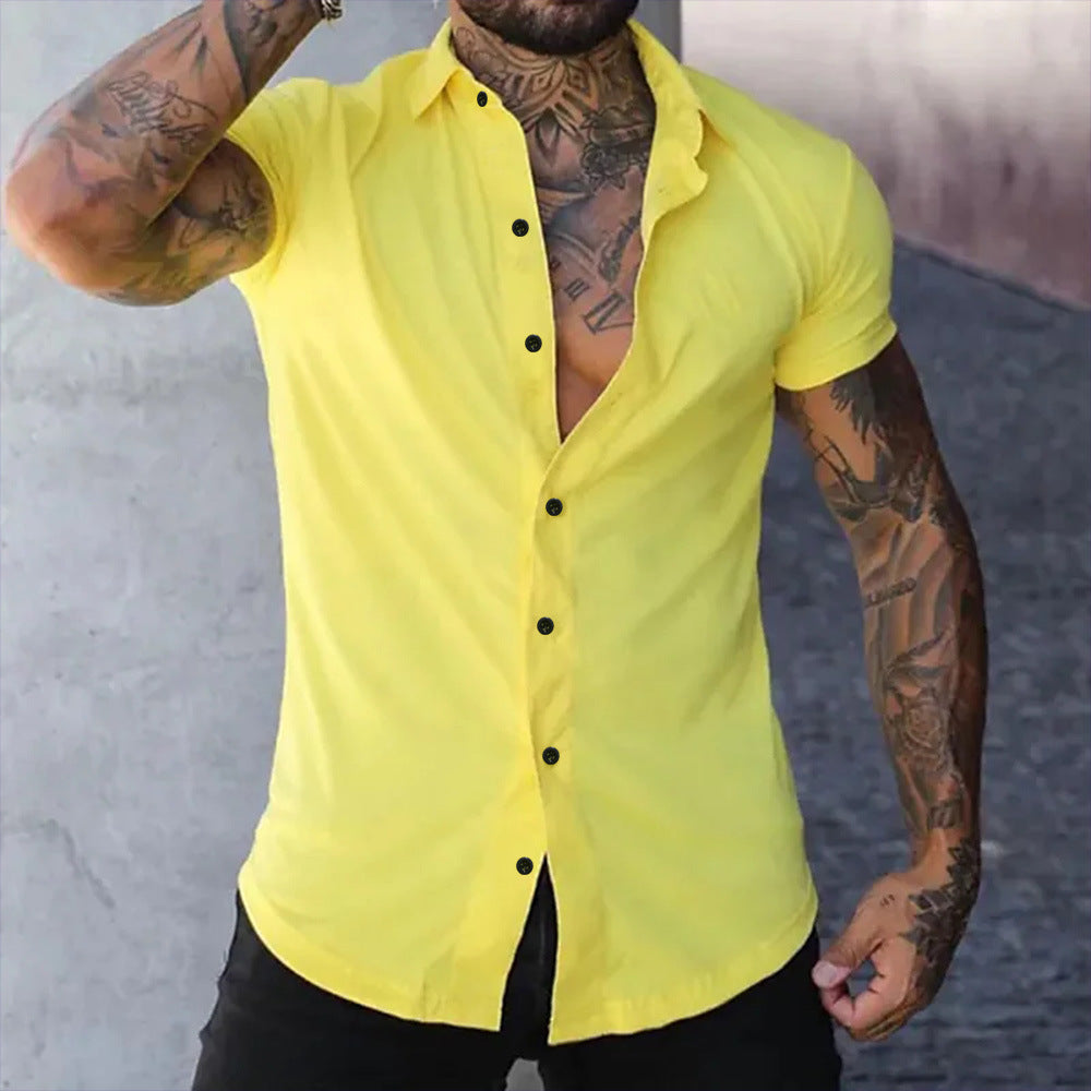 Modern casual men's slim fit short sleeve shirt, comfortable and versatile for everyday summer style.