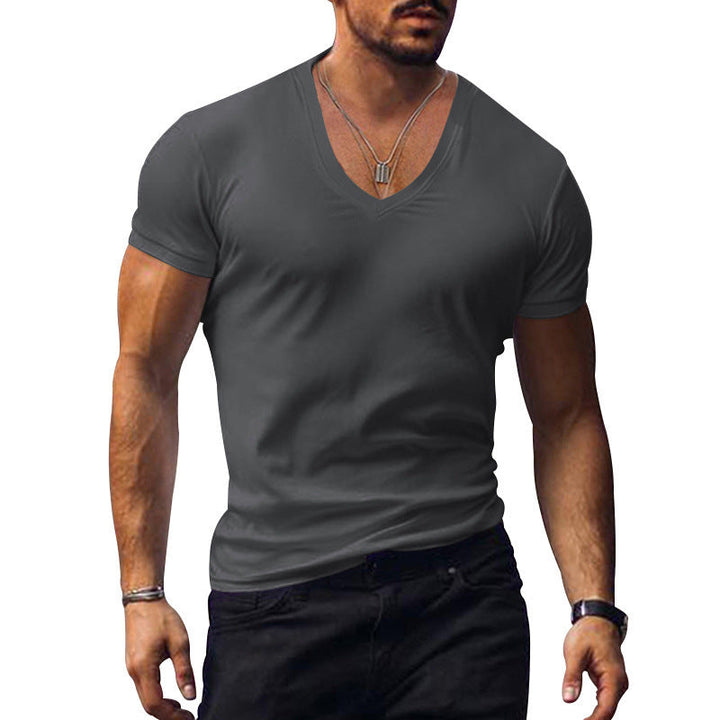 Stylish men's V-neck T-shirt, classic fit, short sleeve, versatile for spring and summer casual apparel.