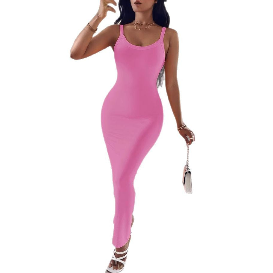 Figure-hugging slim strap maxi dress, an elegant women's bodycon gown for evening parties.