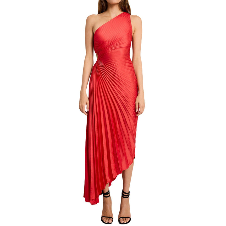 Elegant women's one-shoulder pleated midi dress, perfect for special occasion parties.