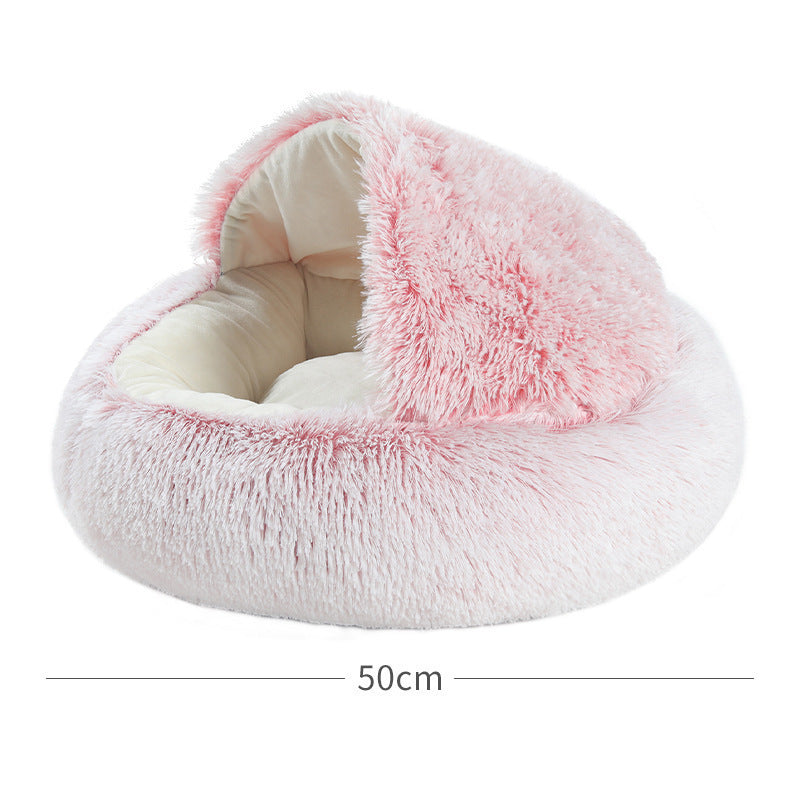 Super soft plush cat bed, a cozy round pet cave offering warmth and comfort for your feline friend's rest.