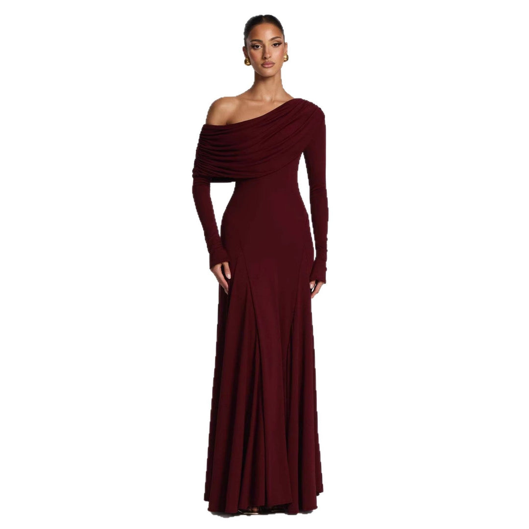 Women's elegant long sleeve maxi dress. Asymmetrical draped design, perfect as a party dress or evening gown.
