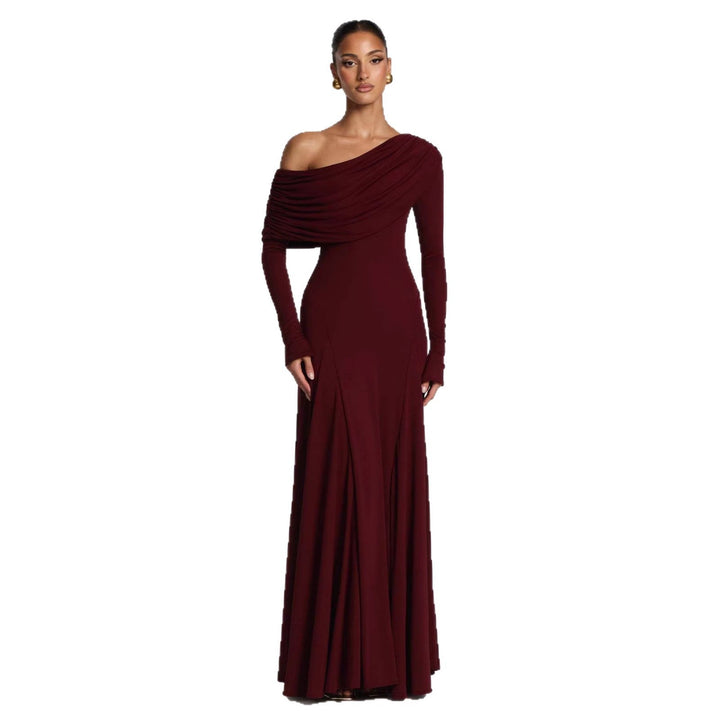 Women's elegant long sleeve maxi dress. Asymmetrical draped design, perfect as a party dress or evening gown.