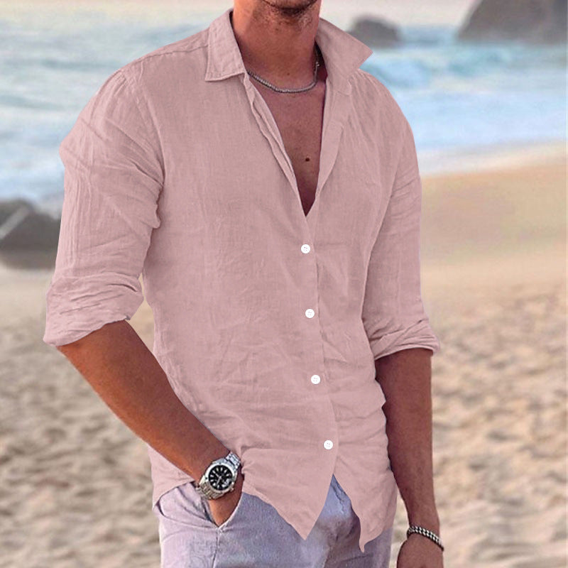 Men's summer fashion button-down. Long sleeve, lightweight, and relaxed fit for beach & casual wear.