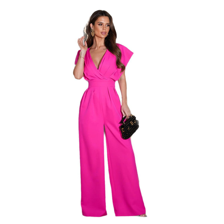 Versatile black women's jumpsuit with V-neck and wide-leg, easily transitions from day to evening.