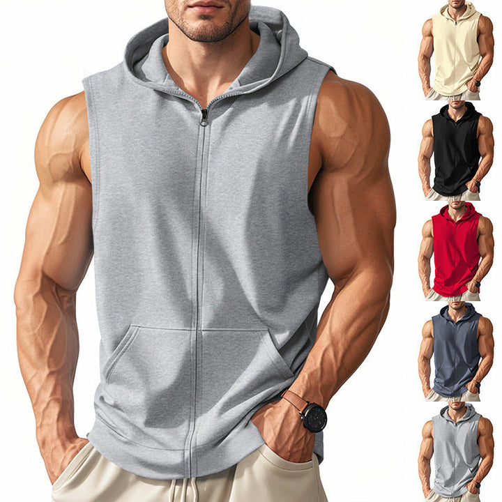 Men's full-zip hooded athletic vest for running, gym, and outdoor sports.