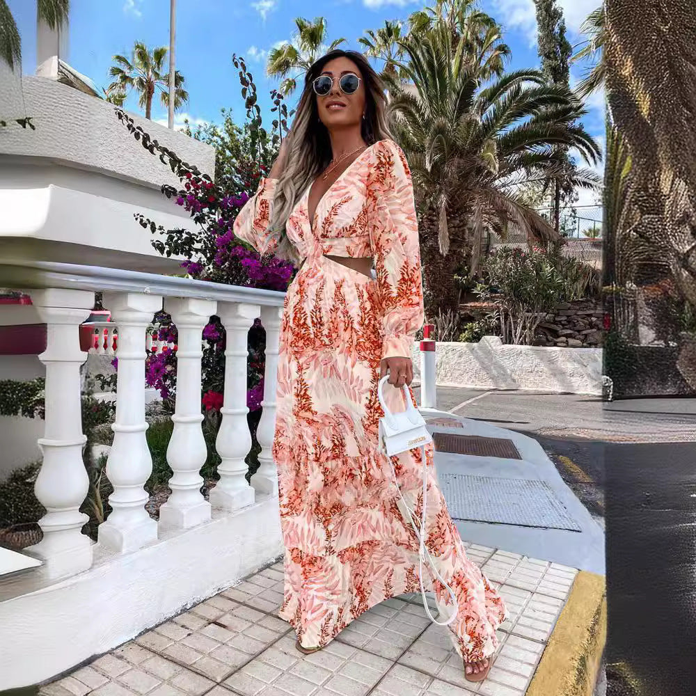Women's elegant V-neck maxi dress featuring a stylish ruffled hem, suitable for various occasions.