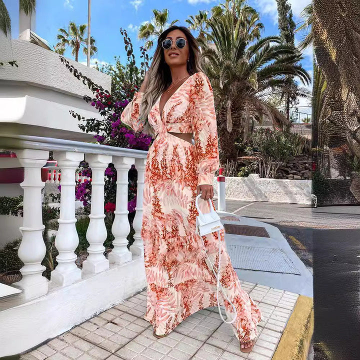 Women's elegant V-neck maxi dress featuring a stylish ruffled hem, suitable for various occasions.