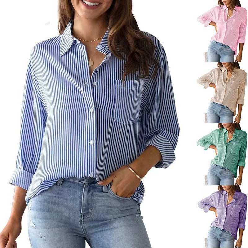 Women's loose striped shirt with chest pocket, perfect for casual everyday wear.