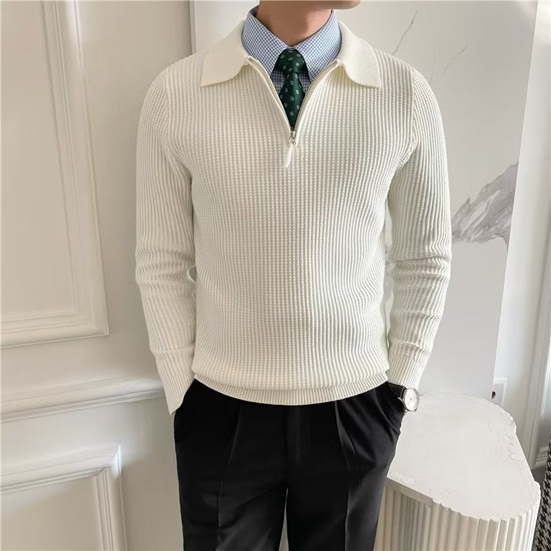 Men's smart casual zip up polo sweater. A warm, stylish pullover for fall & winter layering.