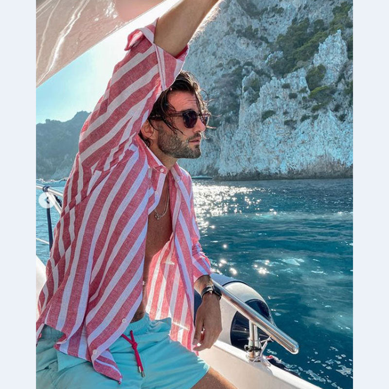 Relaxed fit men's striped button-up short sleeve shirt, smart casual for summer, beach, or vacation style.