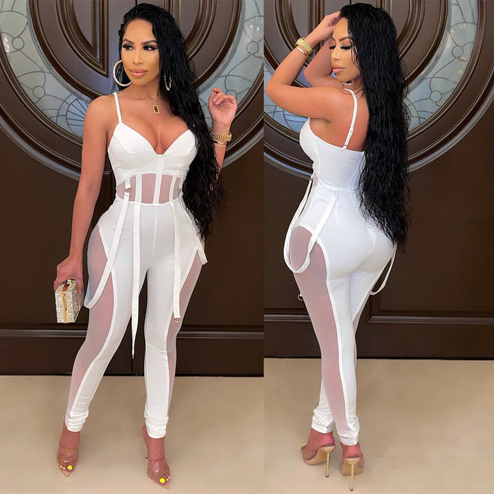 Chic women's jumpsuit with transparent mesh panels, V-neck, and adjustable straps.