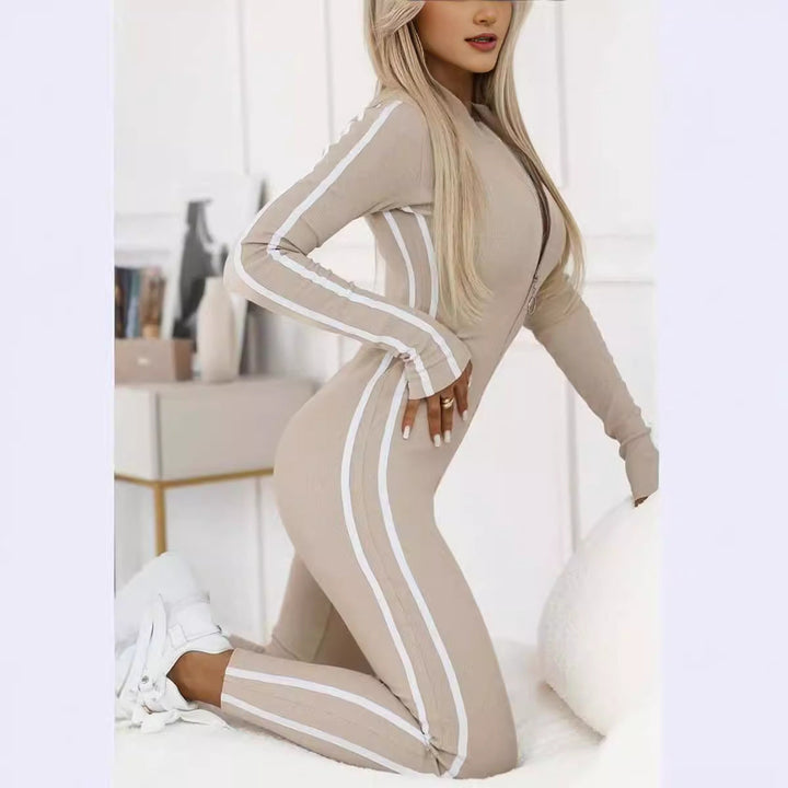 Sleek women's long sleeve striped athletic bodysuit, perfect for activewear and leisure.