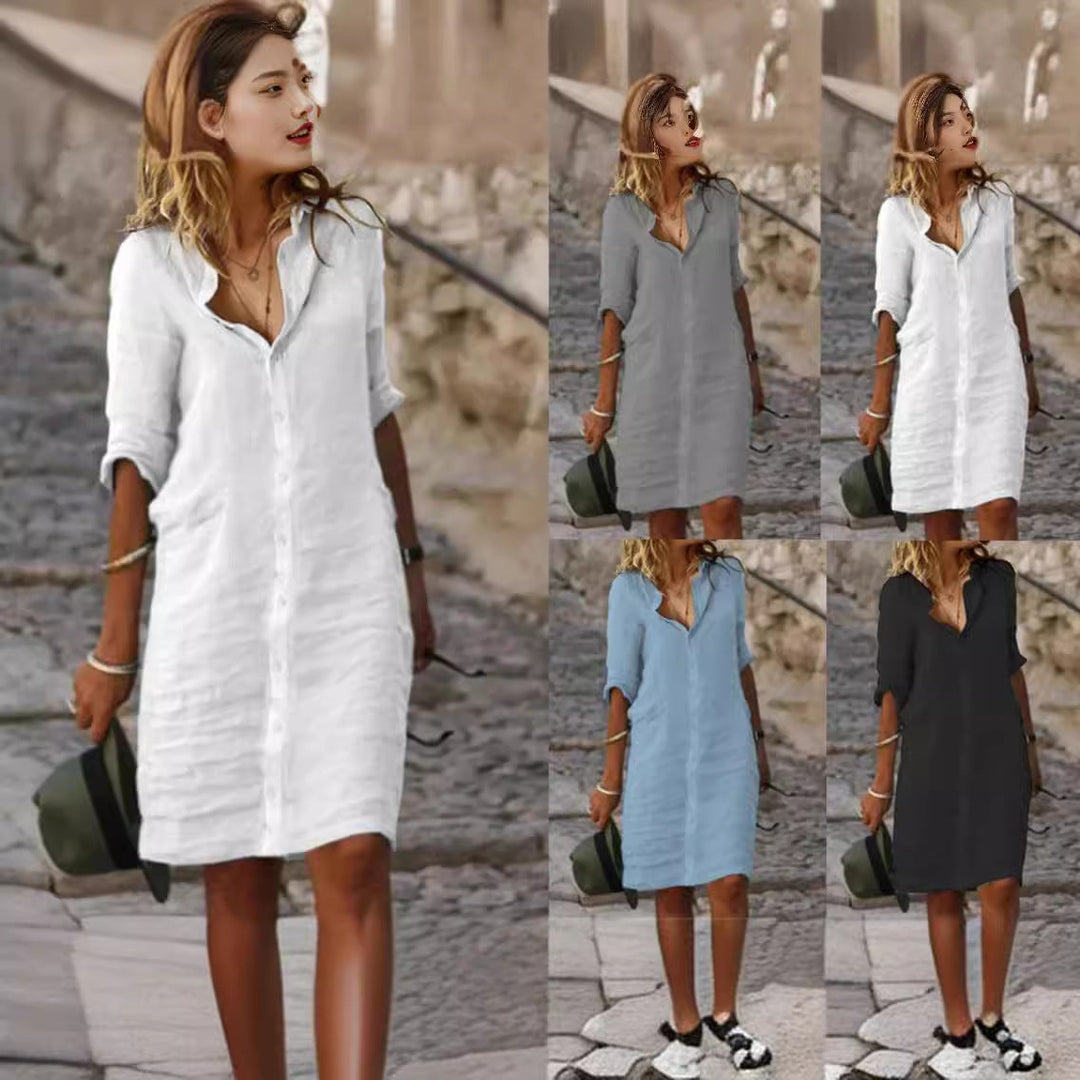 Stylish women's button-down midi shirt dress, offering an elegant and casual chic look for spring & summer.