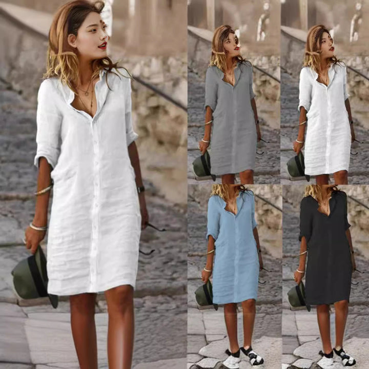 Stylish women's button-down midi shirt dress, offering an elegant and casual chic look for spring & summer.