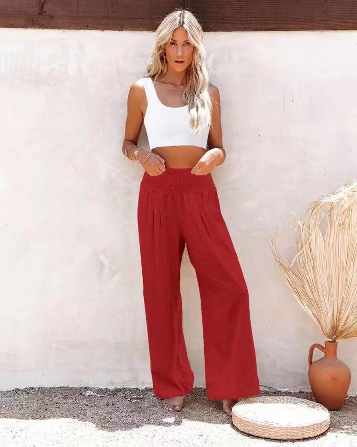 Women's relaxed fit wide leg pants, elastic waist, perfect for easy, comfortable spring/summer outfits.