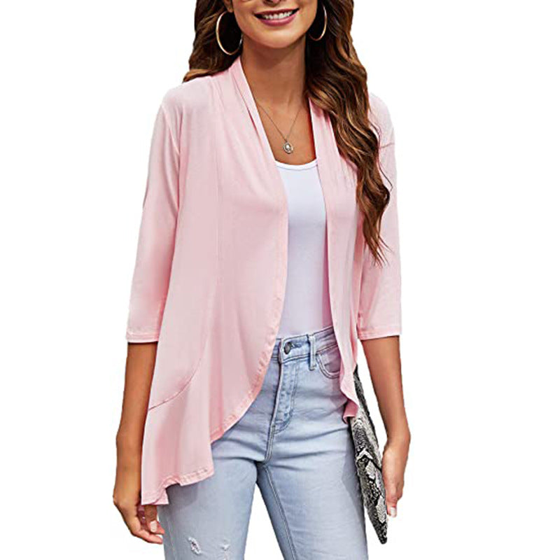 Essential women's lightweight layering jacket with 3/4 sleeves & open front, versatile for all seasons.