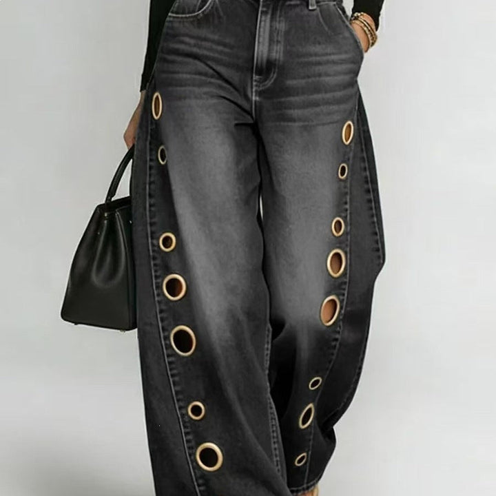 Stylish wide-leg denim jeans for women, featuring a high waist and unique decorative eyelets.