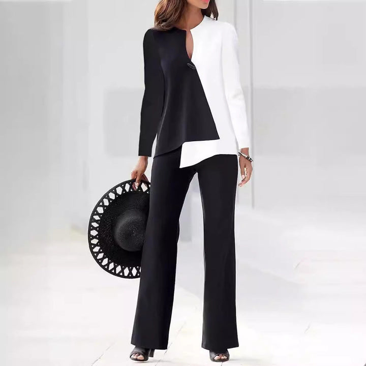 Modern women's comfort fit asymmetrical pant suit, a stylish two-piece set for sophisticated workwear.