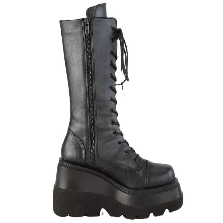Elegant black women's boots with a fashionable platform heel, lace-up design, and functional side zipper.
