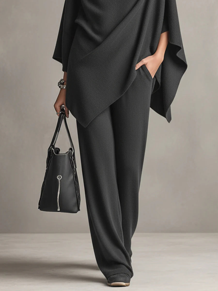 Stylish brown women's FR1504 two-piece set featuring a draped blouse and comfortable wide-leg trousers. Elegant & chic.