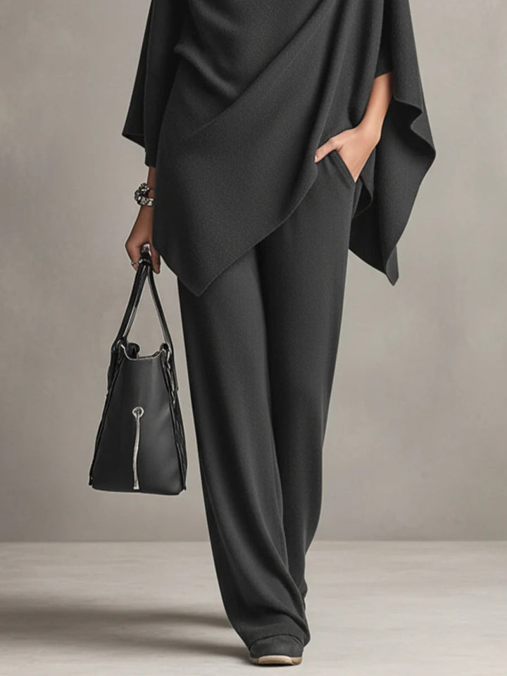 Stylish brown women's FR1504 two-piece set featuring a draped blouse and comfortable wide-leg trousers. Elegant & chic.