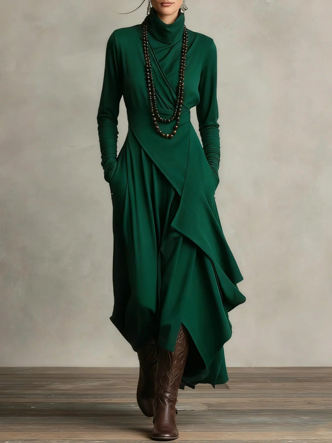 Beautiful green draped turtleneck dress for women, offering elegance, comfort, and practical pockets.