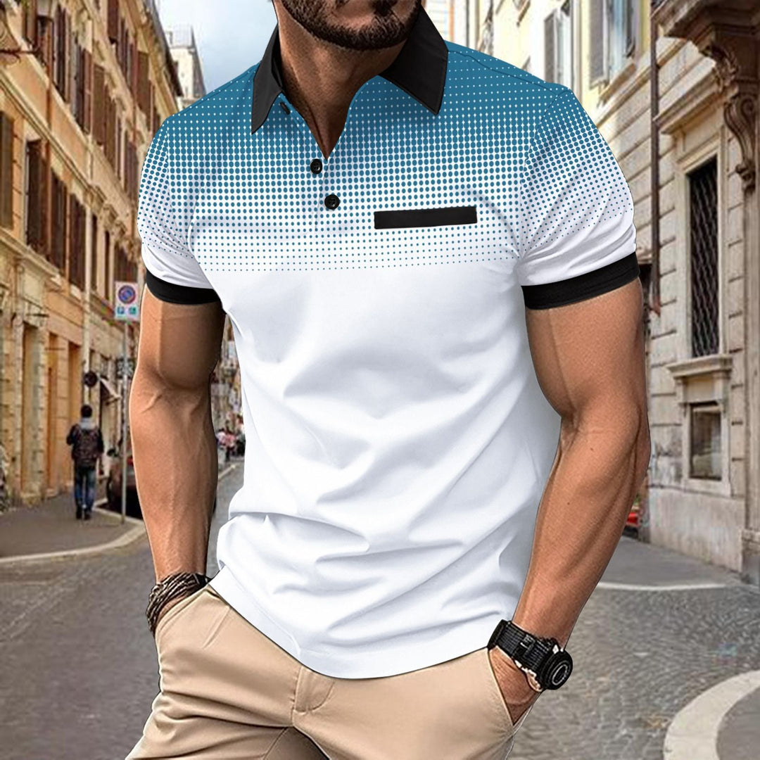 Stylish men's polo with unique gradient design, a comfortable short-sleeve top for casual wear.