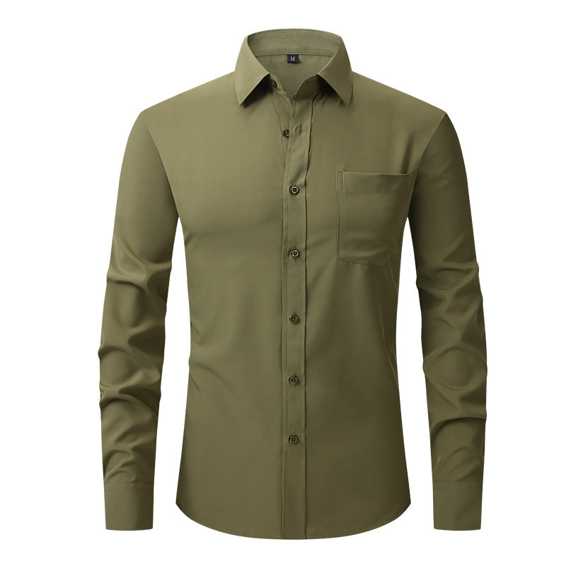 Men's crisp white tailored fit dress shirt on a hanger, showcasing ready-to-wear professional style.